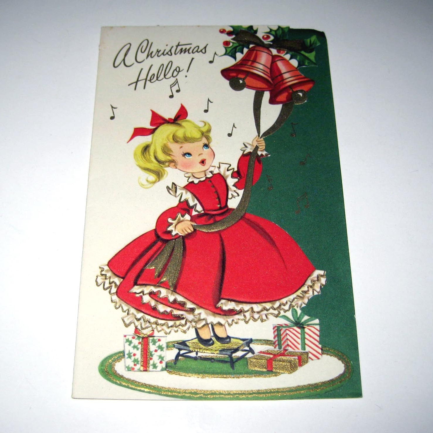 Vintage Christmas Greeting Card with Pretty Little Girl
