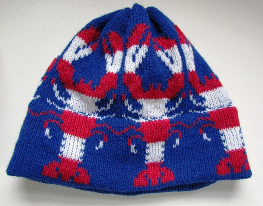 Lobster Knit Hat Patriotic USA Beanie in Red White Blue