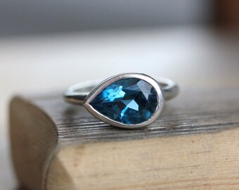 Large London Blue Topaz Sideswept Ring,Made of Recycled Sterling Silver and Made To Order