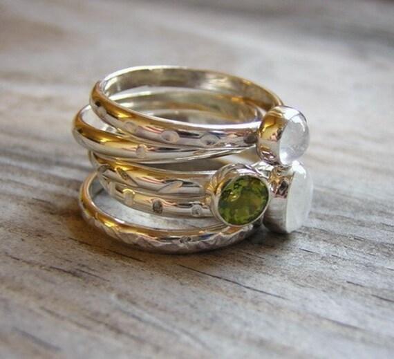 New Moon Peridot and Moonstone Stacking Rings