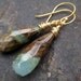 Minty chrysophrase earrings in 14k gold fill green brown natural curiosity rocks minerals long dangle gemstone jewelry --Grasshopper--