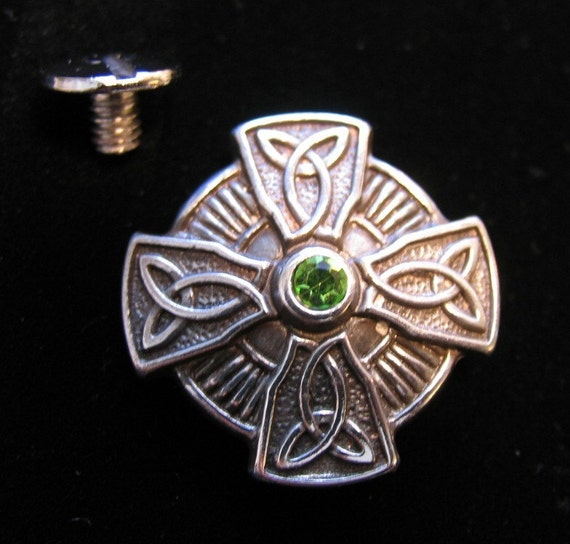 Heavy duty concho CELTIC CROSS pewter with green stone.