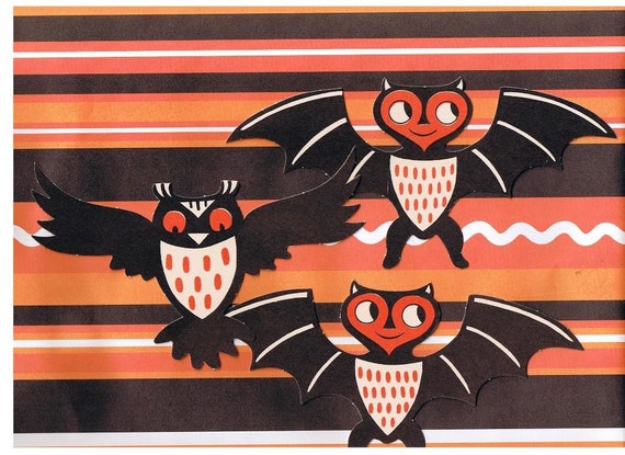 1960's Halloween Owl & Bat  Wall Decor, Color Copy, Halloween Collectibles, Up Cycled, Retro Halloween Decorations