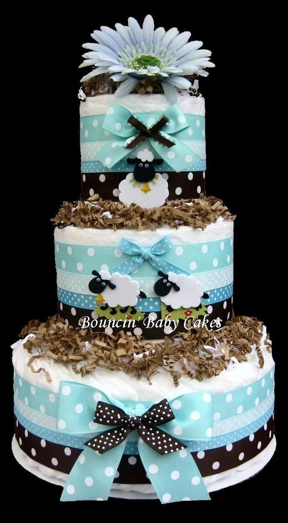 Tiffany Blue and Brown Sheep Baby Shower Diaper Cake/