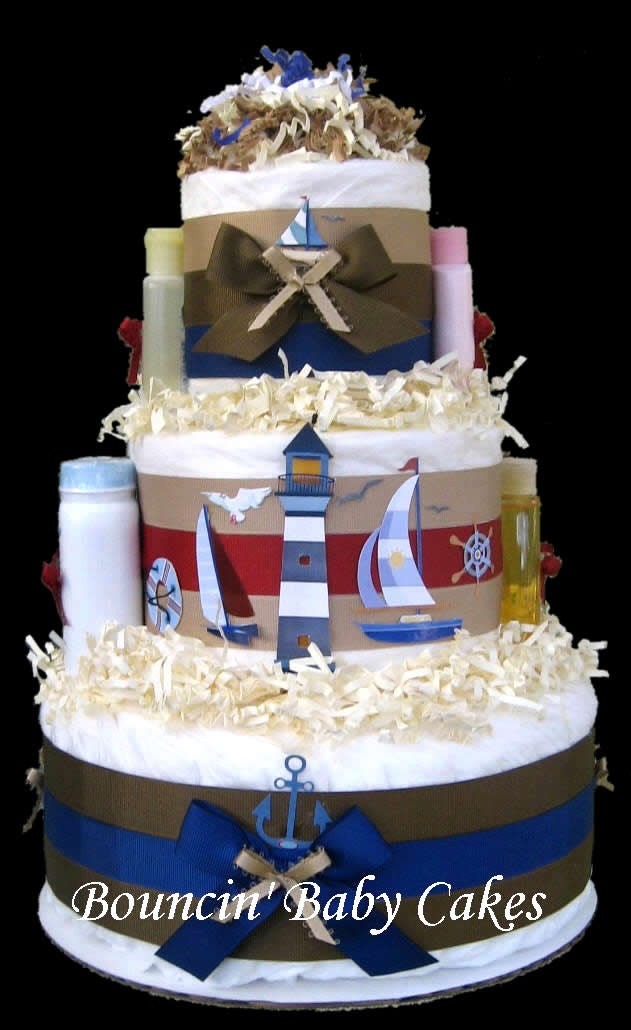 1 tier baby shower cake Sailboat Nautical matches Nursery Cod Cape Cake Diaper