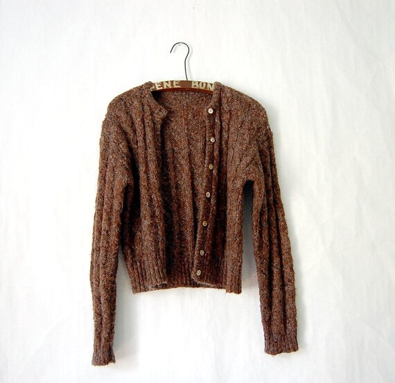 Vintage 1950s Chestnut Brown WOOL CARDIGAN Sweater