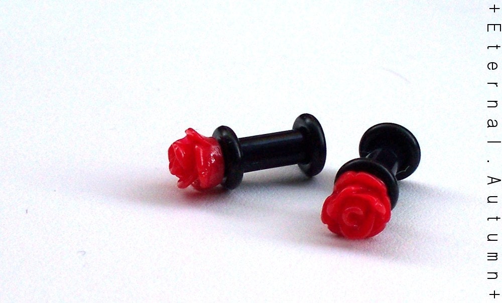 Red RED Rose Plugs 6g 4mm Gauged Ear Stud Earrings Ready