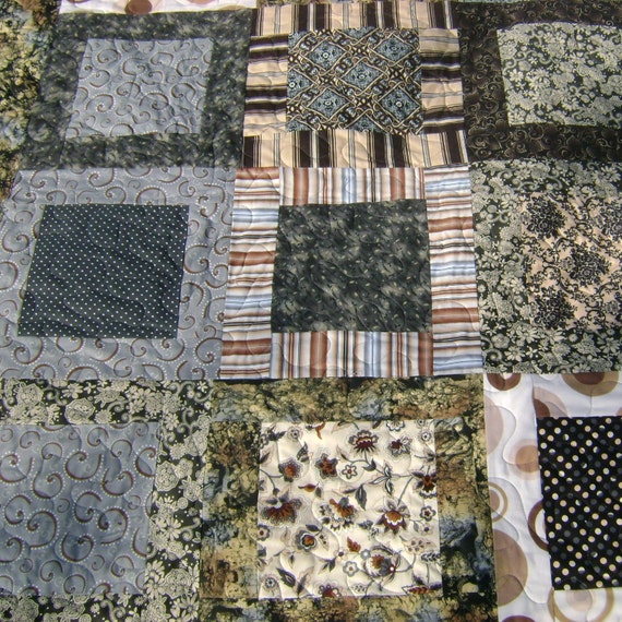 King size quilt of tan black grey and brown by 4quiltsandmore