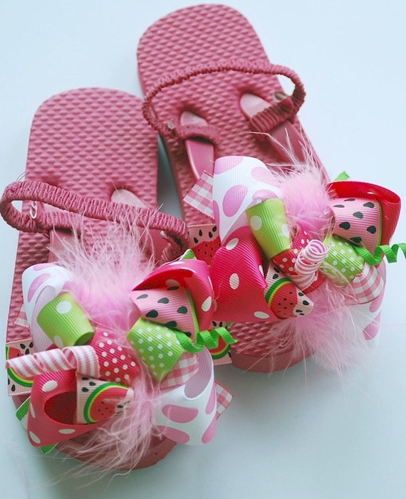 Items similar to boutique WATERMELON FUNKY FUN bows on flip flop ...