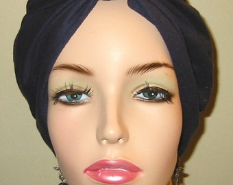 Navy Knit Turban, Chemo Hat, Snood, Womens Hat