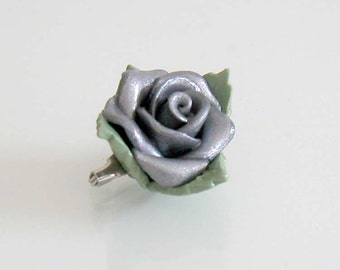Grey Rose Brooch - Handmade Polymer Clay Rose - Grey Rose Pin - Grey Rose Jewelry - Grey Rose Bridal Pin - Grey Rose Wedding - Gray Rose