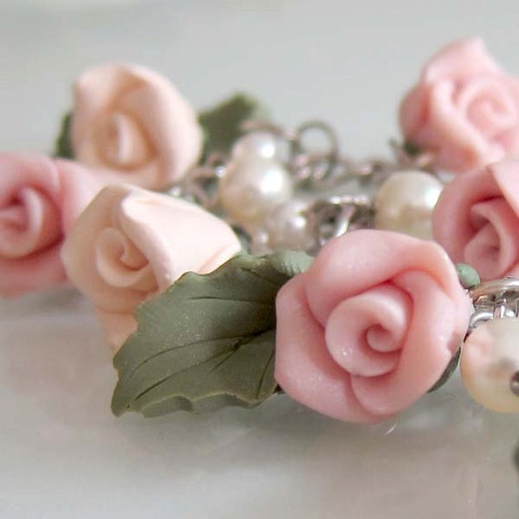 Rose Charm Bracelet Peachy Pink Polymer Clay