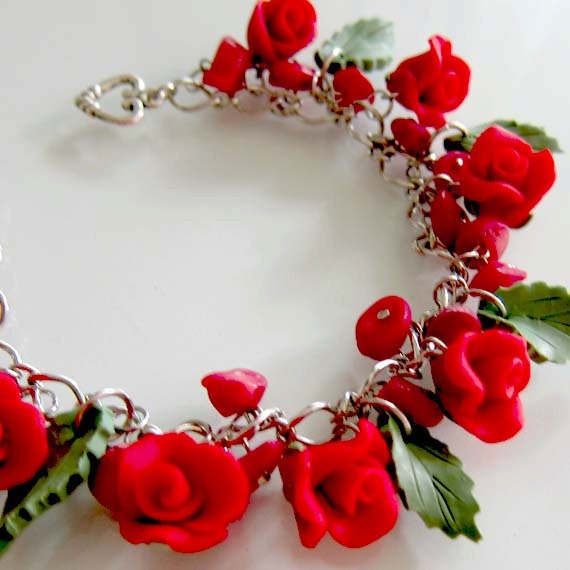 Red Rose Charm Bracelet Handmade Polymer Clay by MadelineKdesign