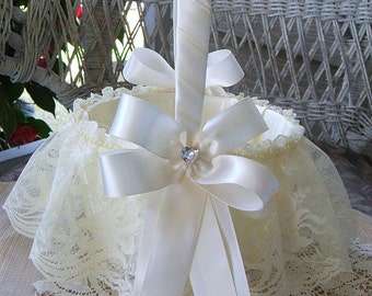 Wedding Flower Girl Basket Handmade SWEET HEART with Lace Skirt Flowergirl White or Ivory