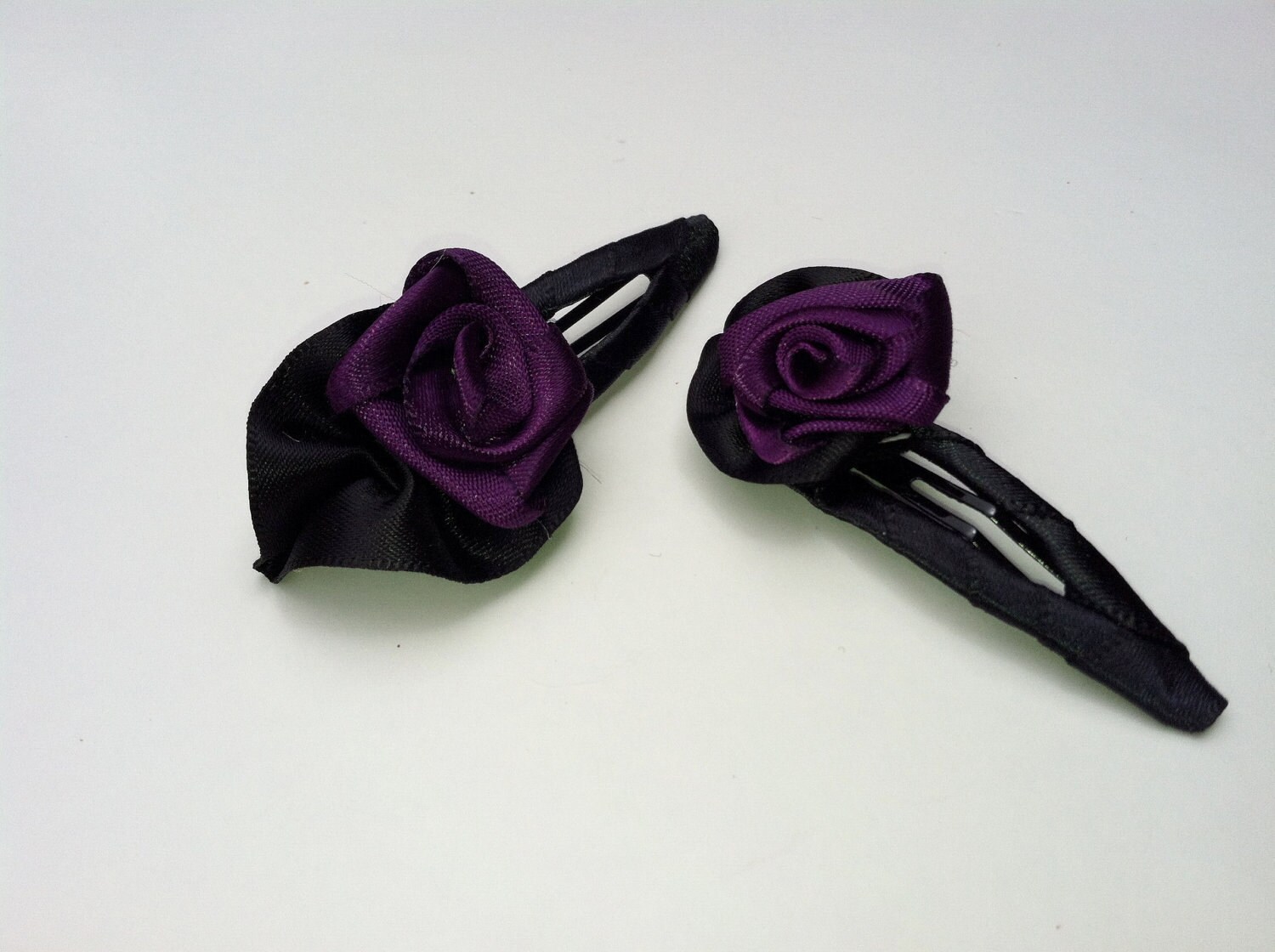 Hair Clips Handmade 2 Ribbon Rose Deep by RoseGardenStitches