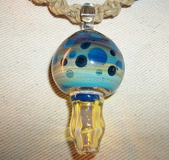 Psychedlic Blue Mushroom Pipe Bead Hemp Necklace Blown Glass