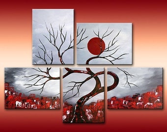 Abstract Painting, Landscape Painting, Asian Painting, Tree Painting, Wall Decor, Wall Art, Black White Red, Art by Gabriela. Made To Order