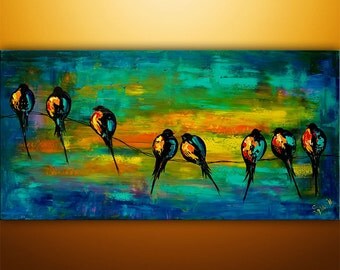 Abstract Painting, Art, Acrylic Painting, Large Painting, Birds On A Wire, Painting, Love Birds, Art, Wall Art, Wall Decor, Made To Order