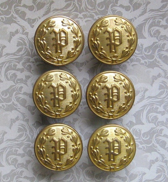 Set of 6 Vintage Brass Police Uniform Buttons Letter P