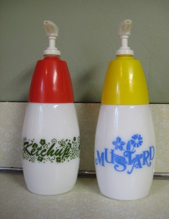 Vintage Ketchup and Mustard Pumps Dispensers Pyrex Corning
