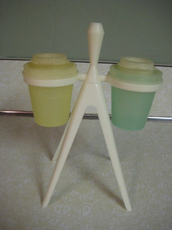 Vintage Tupperware Mini Salt and Pepper Shakers with Stand