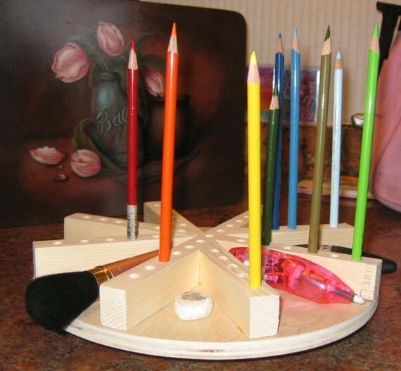 Wood Colored Pencil Holder Lazy Susan Caddy CAATOFG