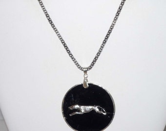Black Shell w Silvertone Greyhound Dog Pendant Necklace Whippet