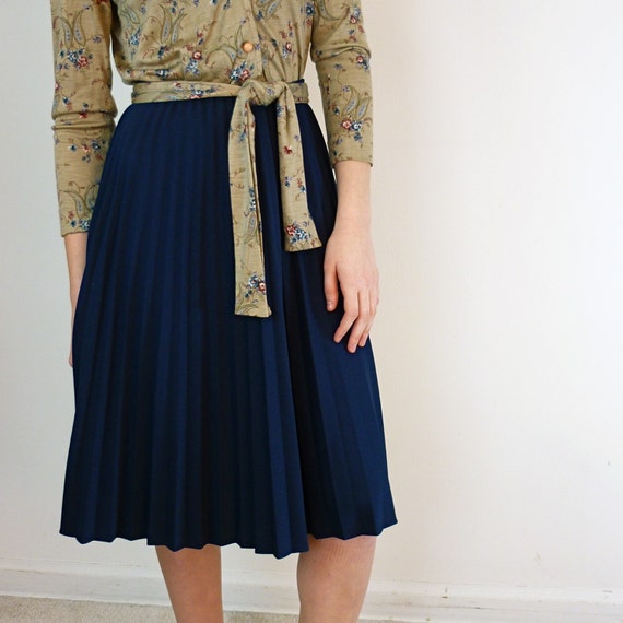 Navy Blue Pleated Knee Length Skirt