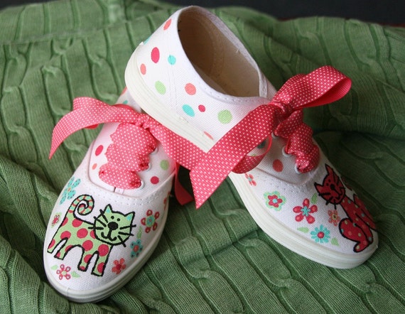 Girl's Custom Painted Tennis Shoes CATS and FLOWERS Any