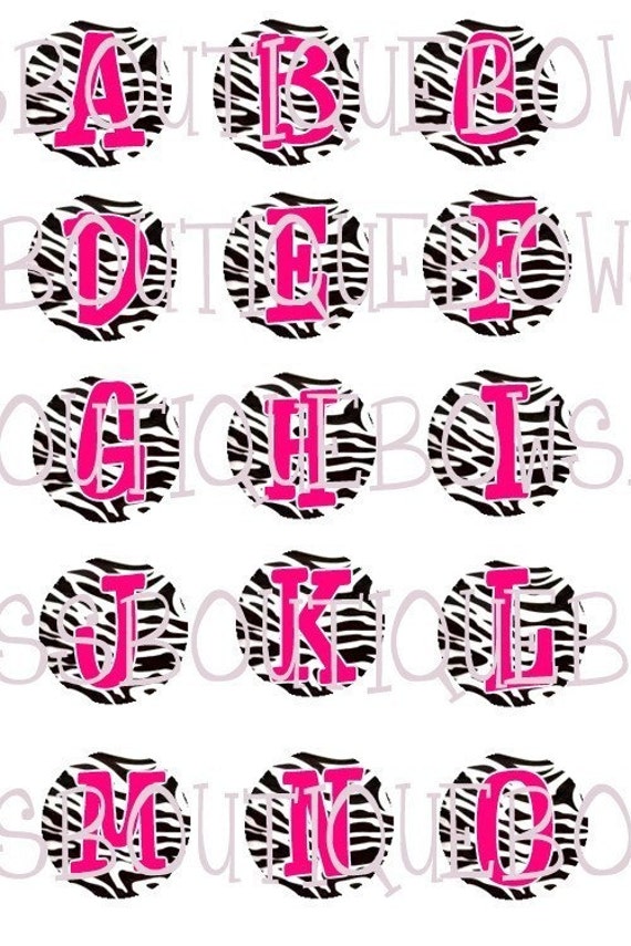 ZEBRA PRINT WITH HOT PINK ALPHABET LETTERS 1 INCH BOTTLE CAP