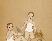 Girls building a Sand Castle Mate Edition Print of original drawing