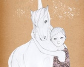 Girl and Unicorn Mate Edition Print of original drawing