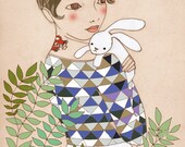 Girl with Bunny Deluxe Edition Print of original drawing