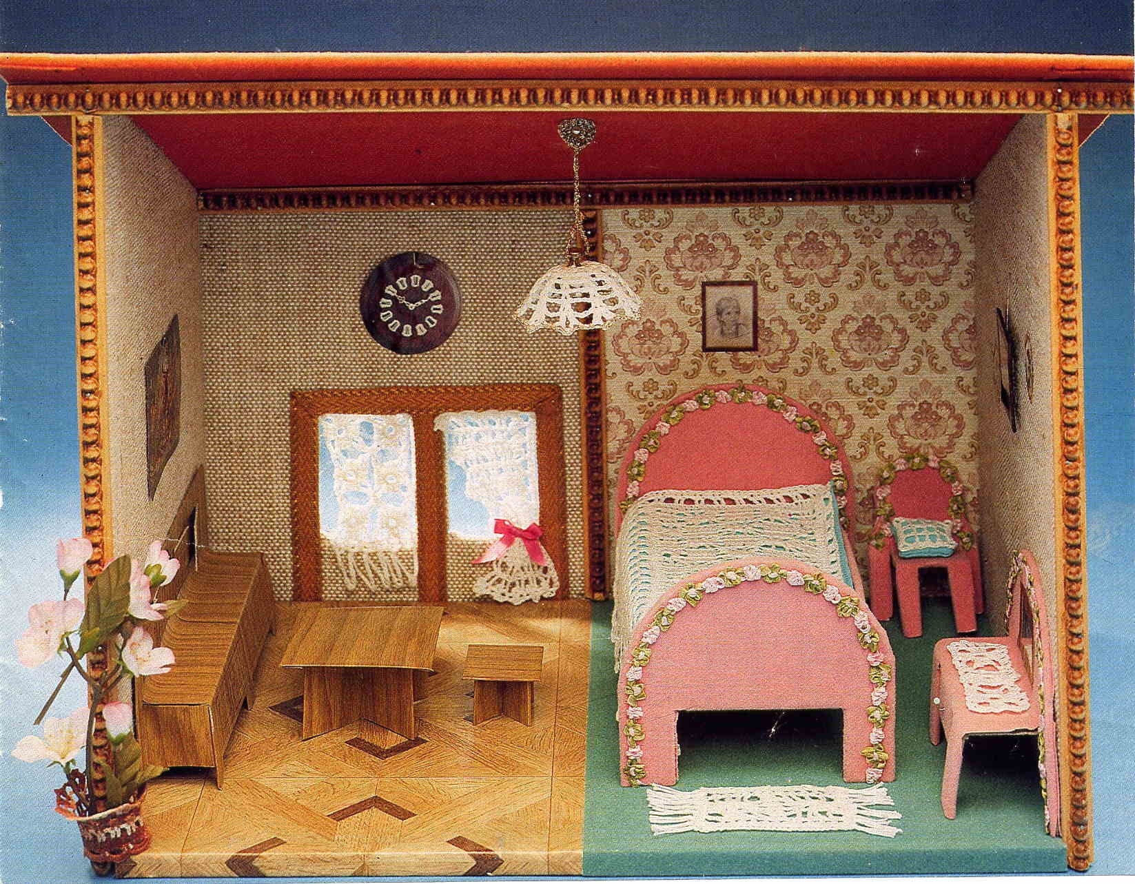 Vintage Dollhouse Diorama with Crochet and Cardboard Magazine