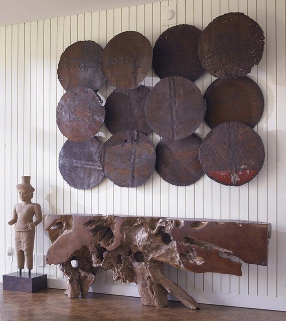 Items similar to Old Patinaed Galvanized Metal Disc Wall Decor on Etsy