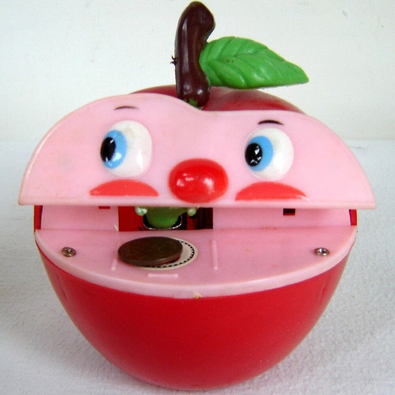 Vintage Wormy Apple Bank Mechanical Money Piggy Bank with Box