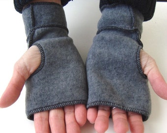 SALE- Gray Fingerless Mittens, recycled fleece, black thread details, vegan, MEDIUM