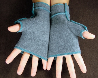 MEDIUM Gray Recycled Fleece Fingerless Gloves, teal thread details