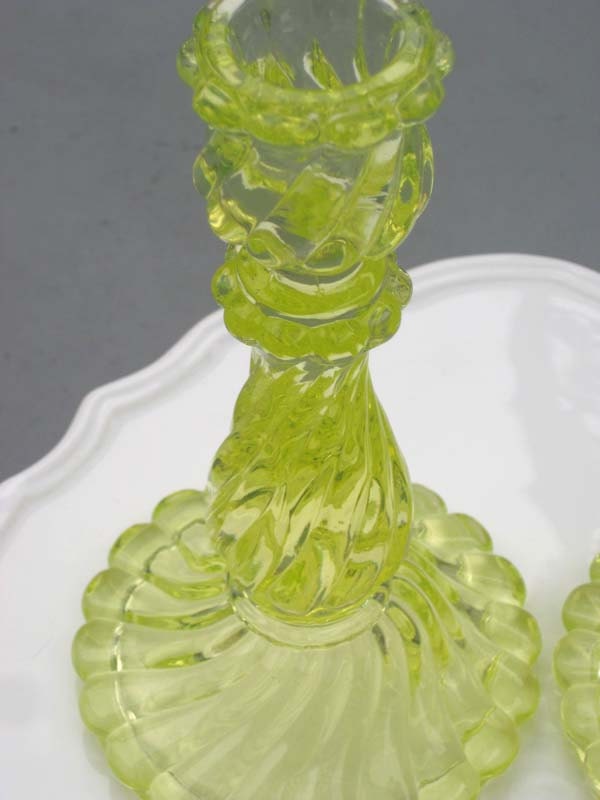 Vintage Yellow Vaseline Glass Candlestick Holder Dot and Army