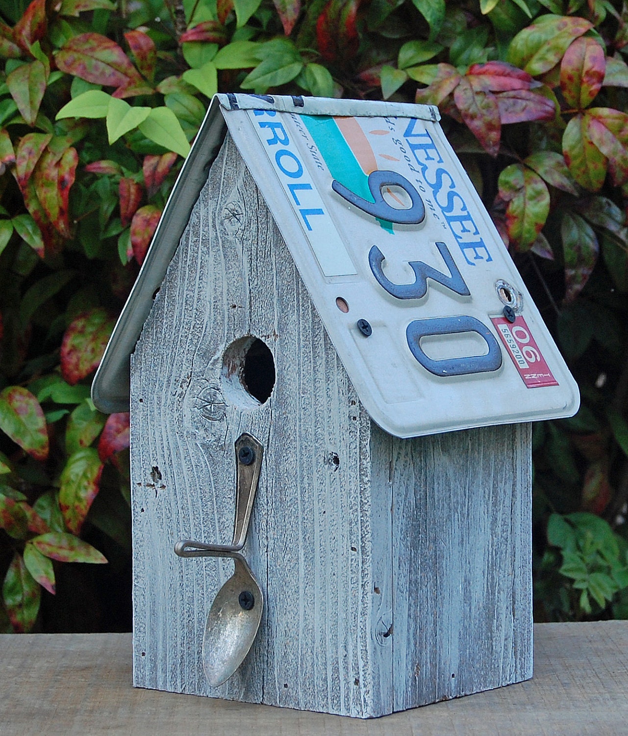 Birdhouse recycled license plates barnwood spoon perch