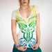 Women white t shirt green and aqua tribal Aztec tatto hand stenciled