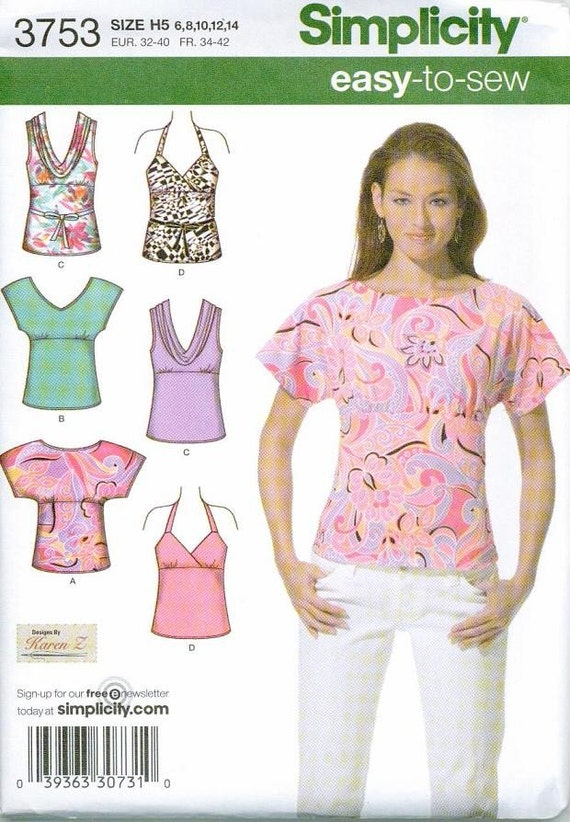 Simplicity 3753 Easy to Sew Tops Tanks Sizes 6-8-10-12-14