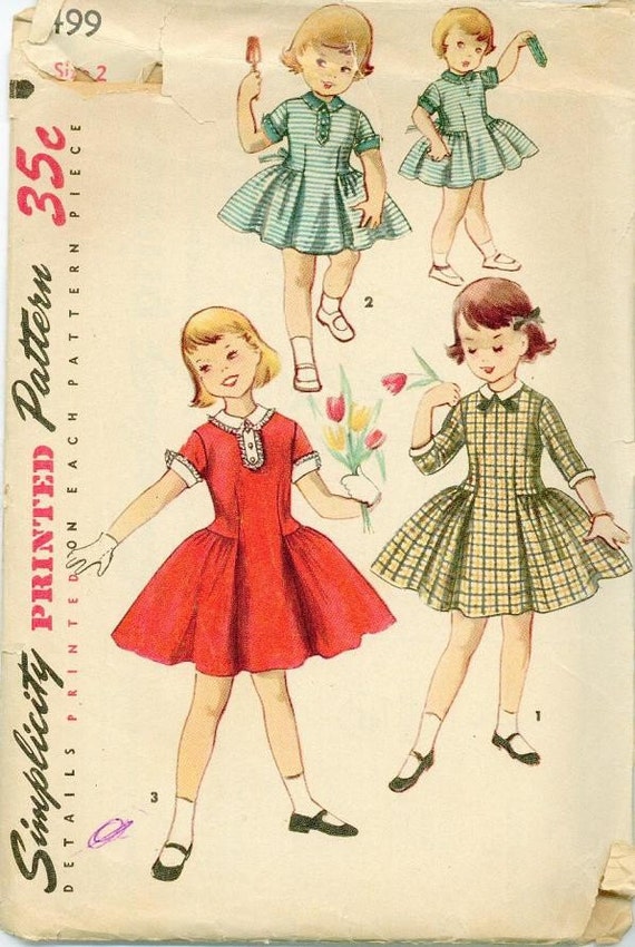 1950s Girls Dress Simplicity 1499 Sewing Pattern Vintage Sz 2