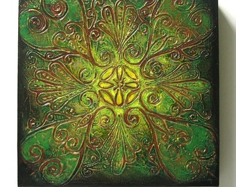 Floral - Original Abstract Rangoli Textured Painting on Canvas 12x12 inch / Green / Yellow / Gold / Brown / Bohemian Decor / Eclectic