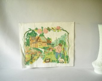 Vintage Needlepoint Cross Stitch Pillow Top Cottage Chic Garden Children Rabbit Shabby Chic