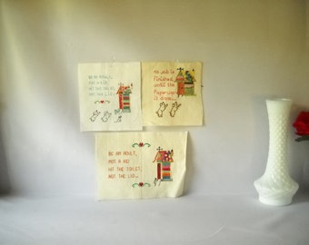 Vintage Needlepoint Vintage Cross Stitch Vintage Embroidery Pillow Top Outhouse Country Toilet Humor Set of 3