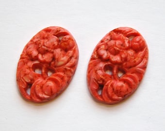 Vintage Coral Matrix Etched Floral Glass Cabochon cab749