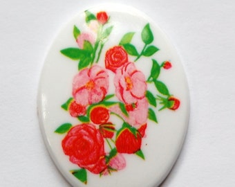 Vintage Pink Red Floral Plastic Cameo 40mm x 30mm cab378L