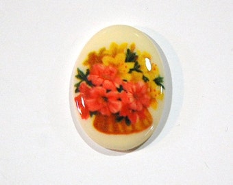 Vintage Glass Cabochon Basket of Flowers 25x18mm cab680L