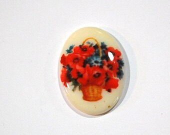 Vintage Glass Cabochon Basket of Flowers 25x18mm cab680F